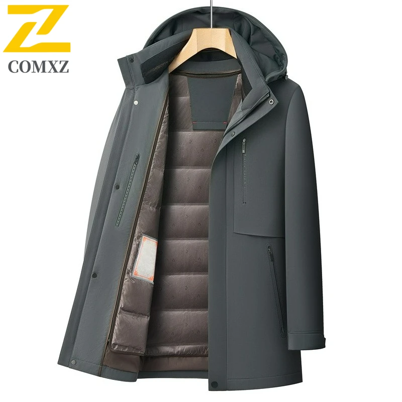 COMXZ Brand Winter Luxury Down Jacket Men Detachable White Duck Down Lined Warm Parka 2025 Casual Cold-proof Trench Coat Puffer