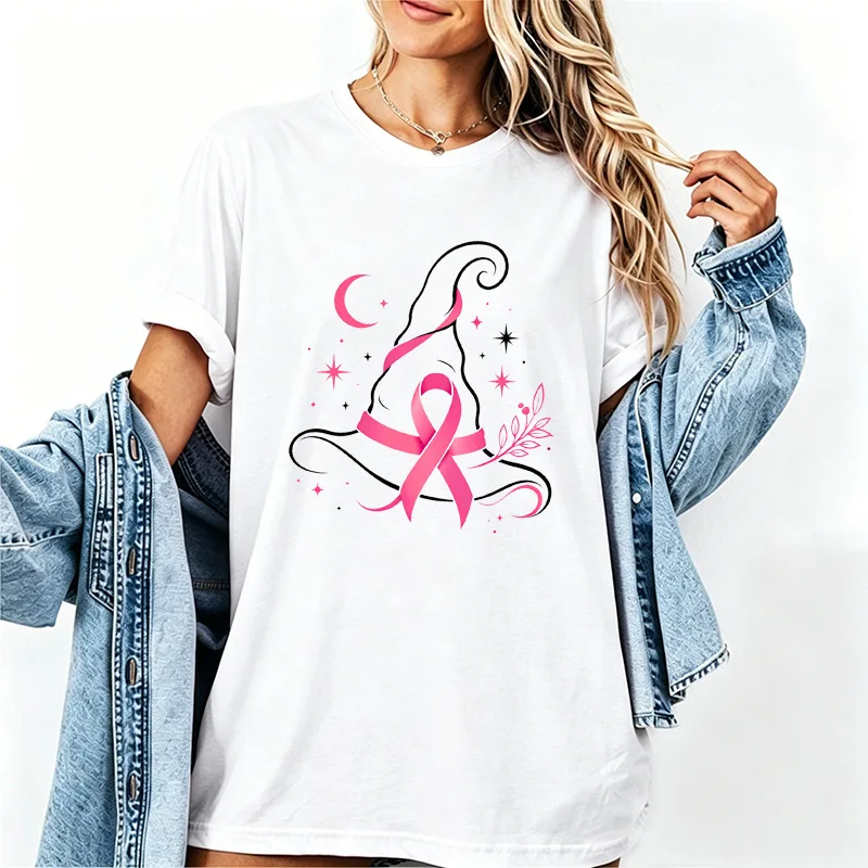 Pink Ribbon Witch Hat Moon Star Floral Elegant Art Print Graphic Womens T Shirt Short Sleeve Crew Neck Casual Ladies Tee Tops