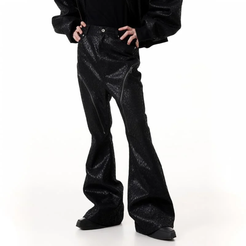 HKSH Autumn Winter New Men Tide Chic Ins Gothic Dark Knight Double-Zip PU Leather Flared Pants Vibe Y2K Fashion Trousers HK27894