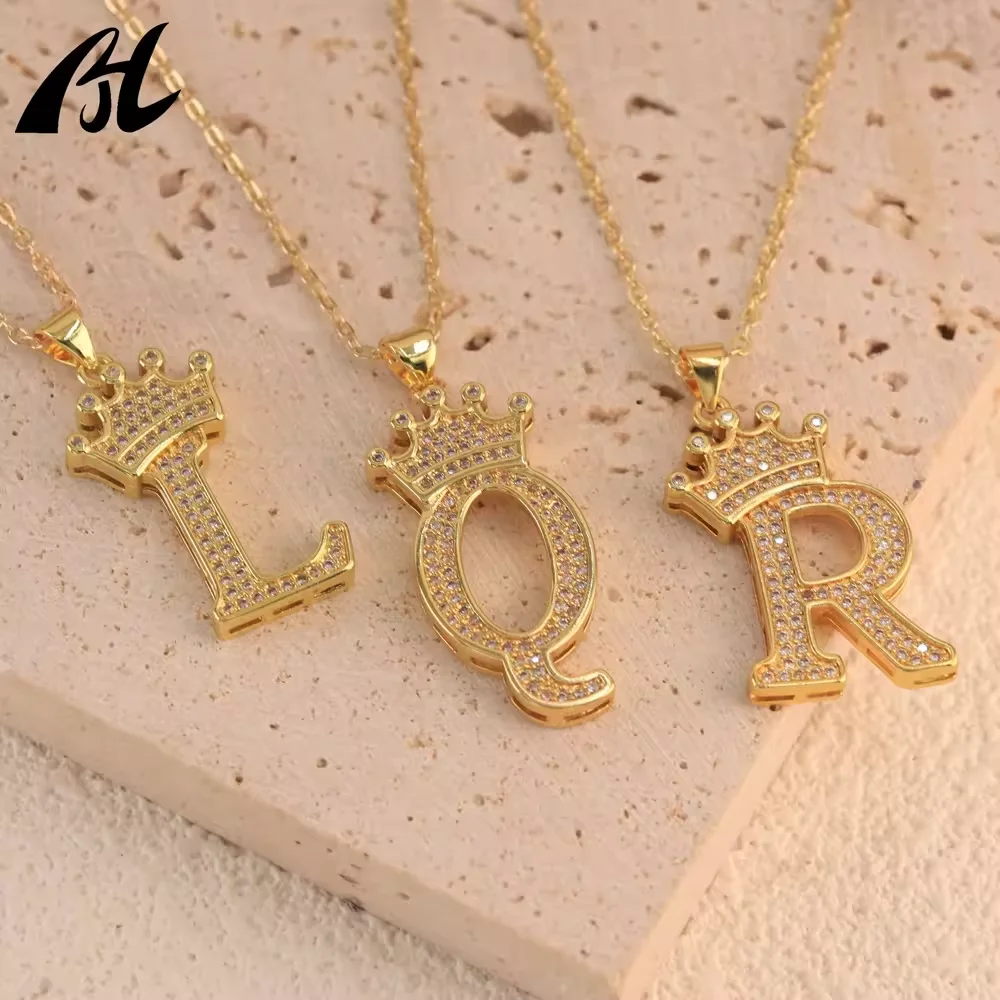 26 Letters A-Z Alphabet Iced Out Crown Gold Plated Hip Hop Initial Pendant Necklace