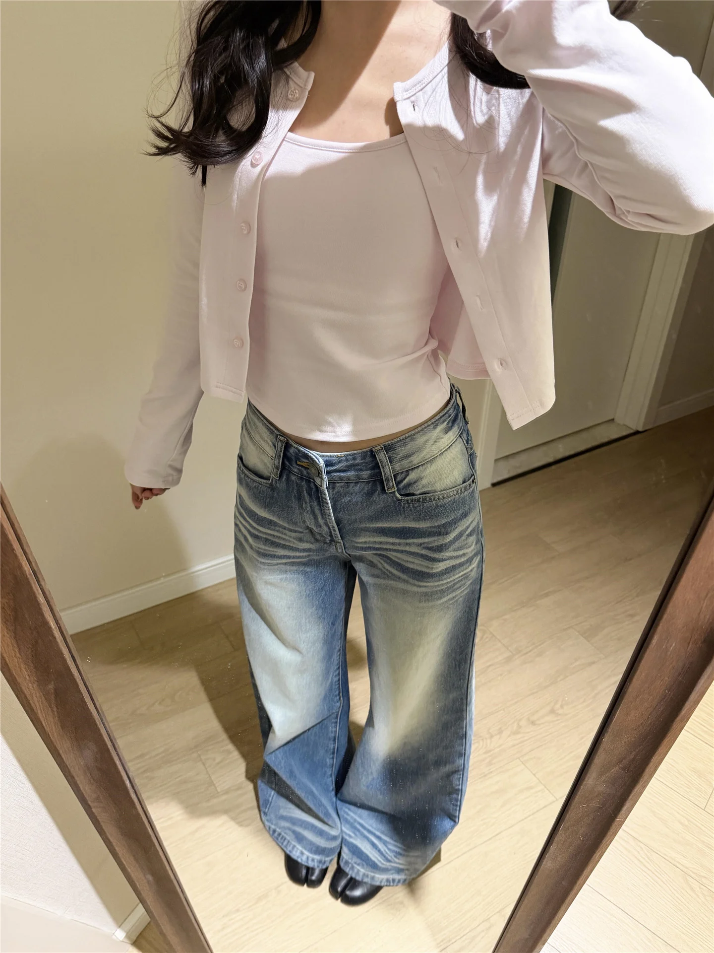 

Retro Washed Blue mid Low Waist Wide Leg Denim Jeans Women's Loose Drapey Casual Pants Spring Season Comfortable Cotton