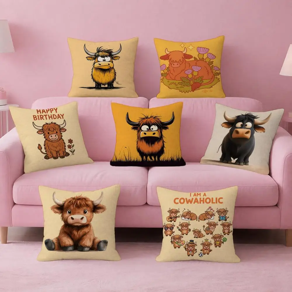 Animal Highland Cow Cushion Cover Pink Linen Textured Double Sided Cushion Cover with Invisible Zipper for Home Decor