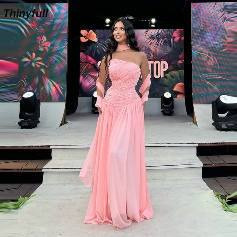 

Thinyfull Chiffon A-line Pleated Prom Dress Sleeveless Strapless Holiday Style Gown Evening Dresses Robe De Soirée Customized