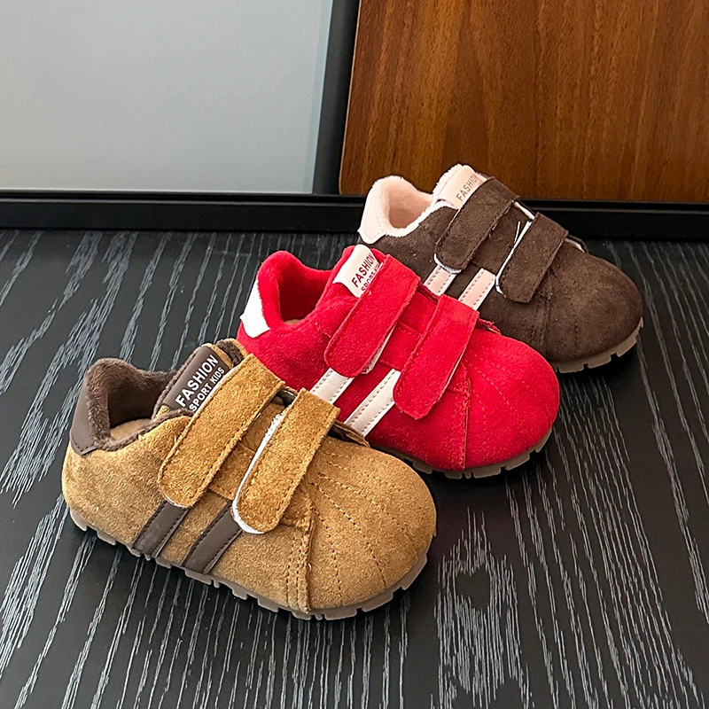 

Детские туфли на плоской подошве, полосатая повседневная обувь с двойными крючками и петлями для мальчиков и девочек, новая зимняя детская спортивная обувь с мягкой подошвой, 2024, теплая замша