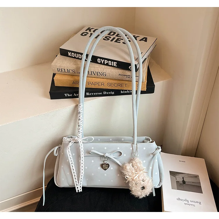 Korean Sweet Polka Dot Shoulder Bag Women Cute Lace Bowknot Underarm Handbag Elegant Daily Commute Tote Purse Dating Party Bag