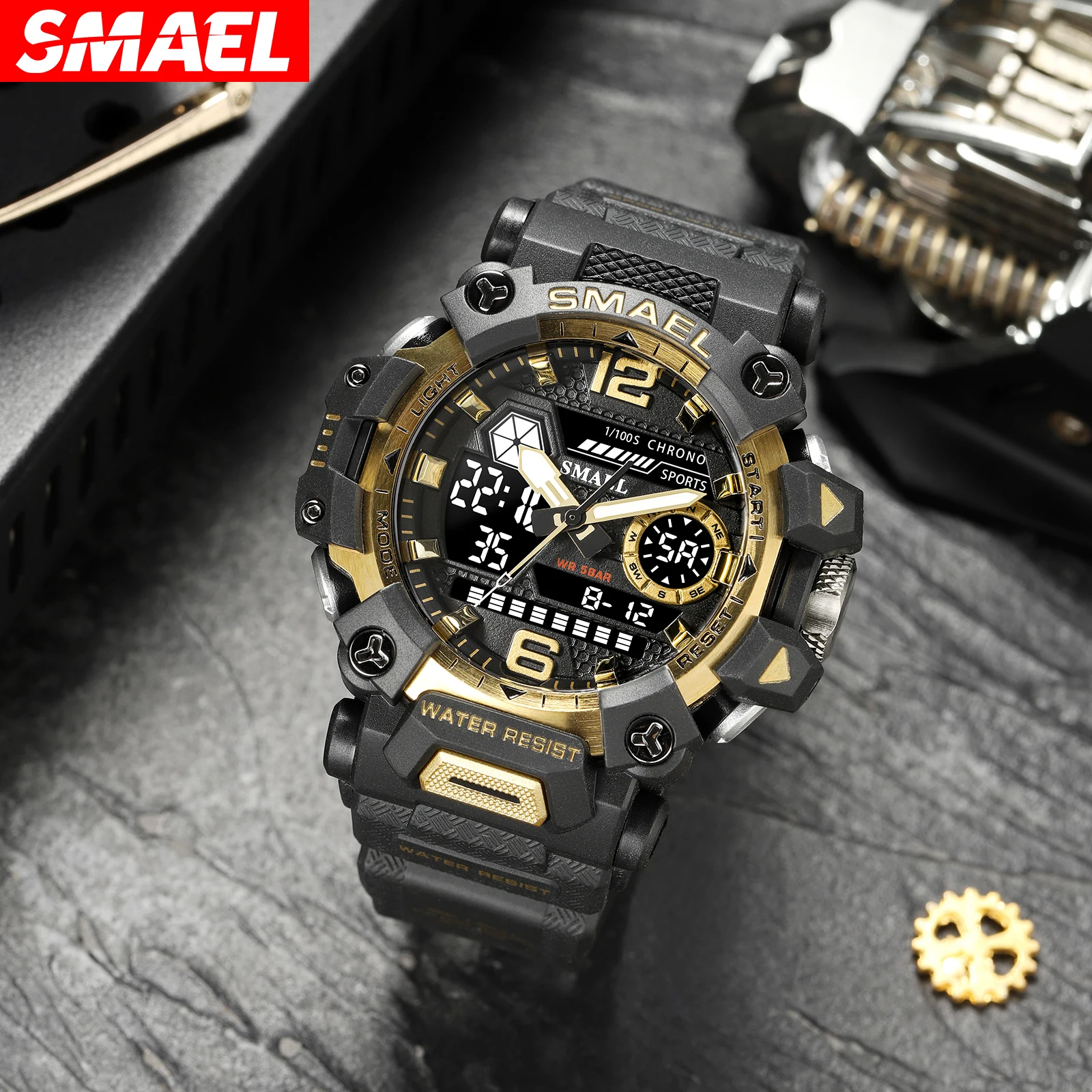 SMAEL 8072 Outdoor Tactical Men\'s Alloy Military Style Watch Night Glow Waterproof Dual Display Quartz Electronic Watch