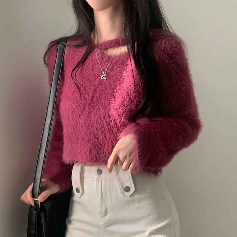 

Chic Autumn Winter V-ne Knitted Long Sve Furry Loose Casual Versatile Women's Sweater Trendy Detail Banded Waist Design
