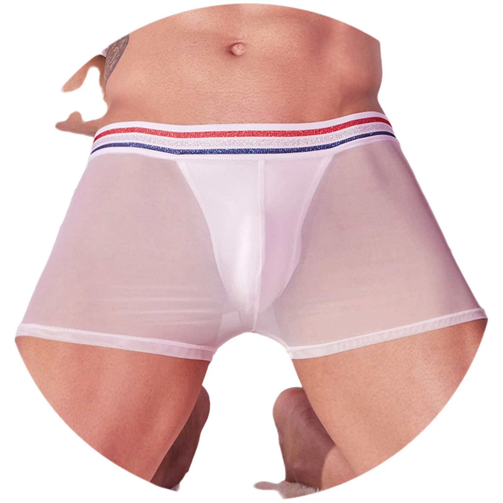 

Men‘s Sissy Sheer Boxer Panties Striped Elastic Waistband Bulge Pouch Mesh Jockstraps Briefs for Swimming Pool Dating Underwear