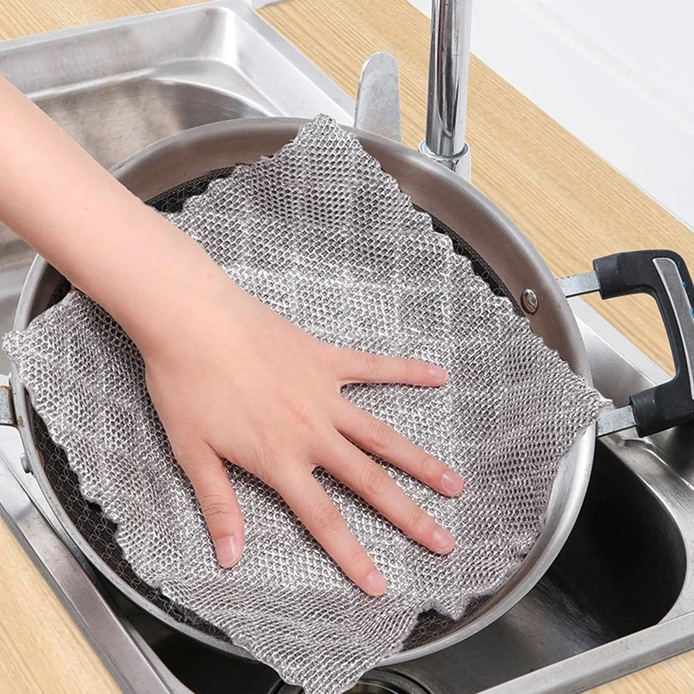 20cm Double-layer Cleaning Cloth Non-stick Oil Kitchen Towel Diamond Shape Microfiber Steel Wire Pot Washing Rags Mesh Dishrag
