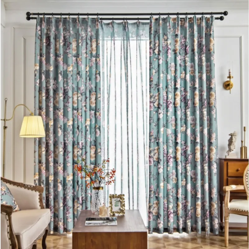 New American Pastoral Cotton and Linen Printed Blackout Curtains Living Room Bedroom Balcony Curtains