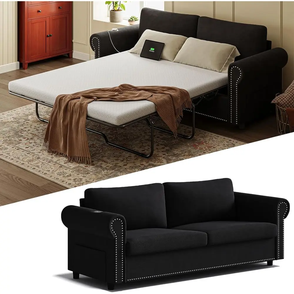 83 Large Sleeper Sofa with Queen Mattress, 2-in-1 Convertible Loveseat Sofa-Bed, USB Ports, Side Pockets, Black