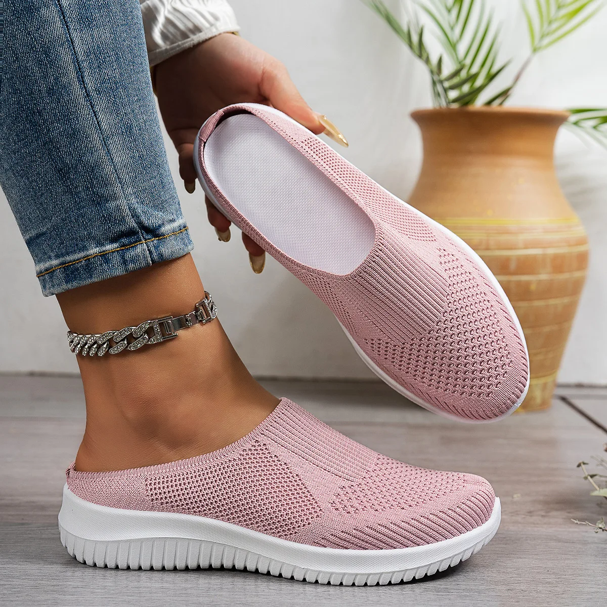 Polyester Rückenfreie Slip-On Mules für Damen, Atmungsaktiv, Rutschfest, Weiche EVA-Einlegesohle, Niedriger Absatz, Tägliche Geh- und Freizeitschuhe – Detail 4
