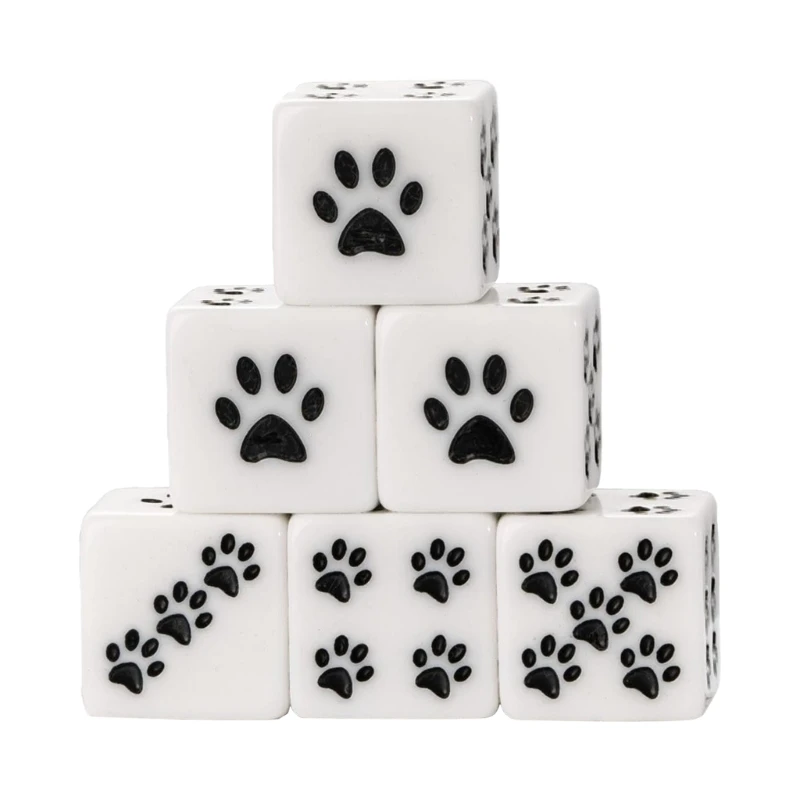 Square Corner Six Sided Dices Bulk, Pack of 6 Cartoon Pattern 16mm Dices Cubes with Mini Paw Dot for Adult and Kid Use