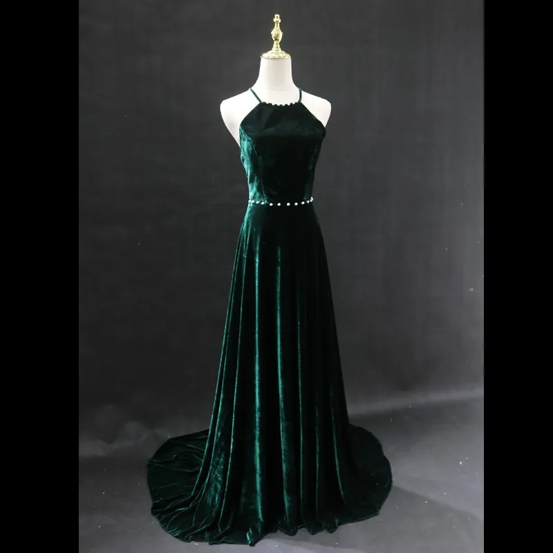 Dark green halter back velvet toasting dress hosting banquet