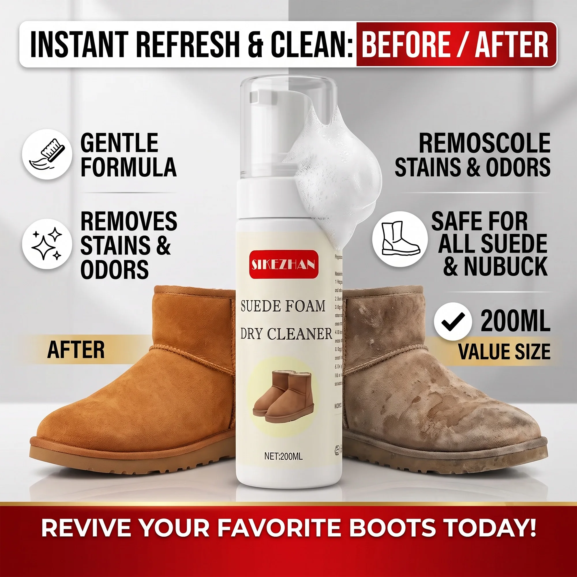 200ml  Suede Cleaner Foam Gentle Stain Remover Kit for Sheepskin Boots Leather Shoes Easy Waterless Cleaning WashSuede Foam Dry