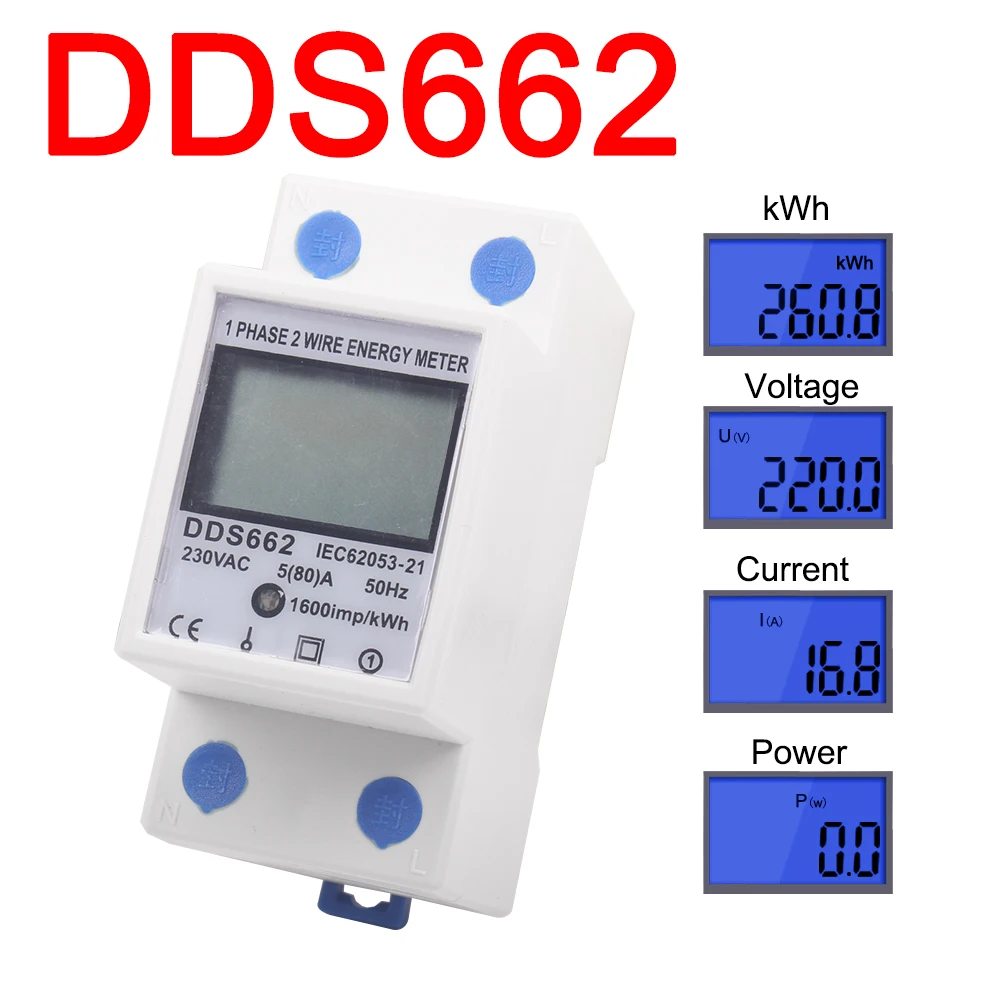 Electric Energy Meter 2P Single Phase LCD Digital Display DIN Rail Mounting 2wire Electric Meter Wattmeter Power kWh AC230V 60Hz