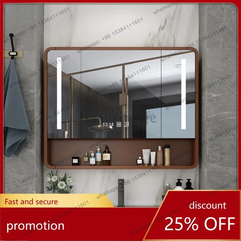 solid wood paint bathroom mirror cabinet wall-mounted smart mirror with rack bathroom cosmetic storage mirror