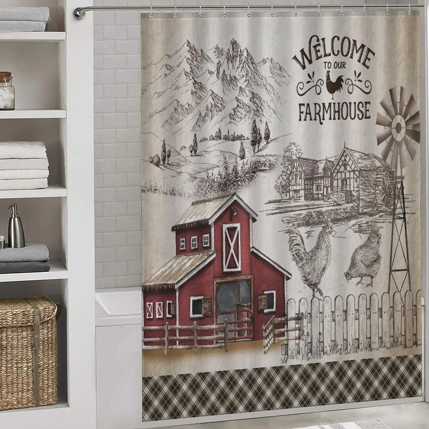 Vintage Farmhouse Shower Curtain Rustic Country Barn Illustration Artwork Bathroom Shower Curtain Decor Gift Idea
