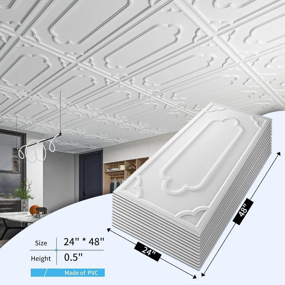 Paquet de 12 carreaux de plafond goutte 2x4 pieds, panneaux de revêtement de plafond décoratifs en PVC 24x48 pouces pour sous-sol salle de bains cuisine, couverture 96 pieds carrés