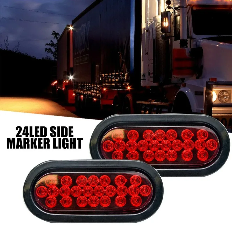 2x(Pair) 12V 24 LED Oval Truck Trailer Stop Turn Tail Brake Light Side Marker Lamp Trailer Truck Lamp Red Set