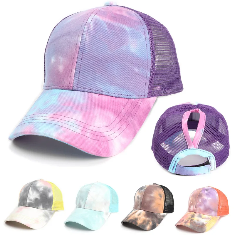 2021 Fashion Summer Women Tie-dye Baseball Caps Ponytail Mesh Breathable Caps Female Outdoor Snapback Hip Hop Hats Adjustable