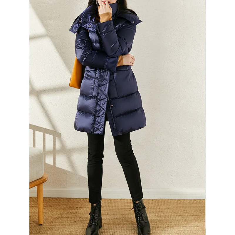 95% White Goose Down Waist Down Jacket, Hooded Medium and Long 2024 New Women, Goose Down Klein Blue Bread Jacket