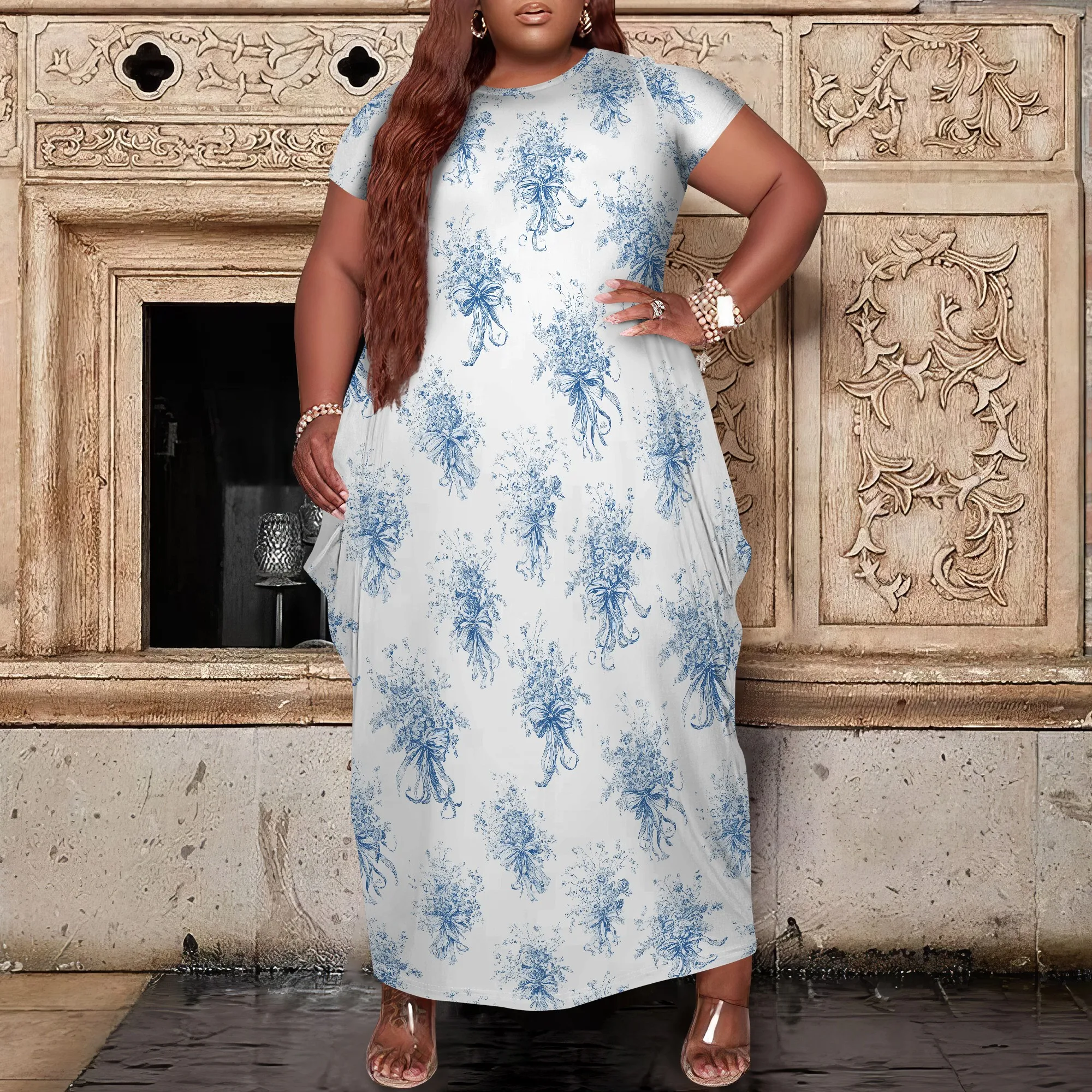 

Nupusa Blue Flower Bouquet Print Dress for Women Plus Size Summer Casual Round Neck Short Sleeve Maxi Dress