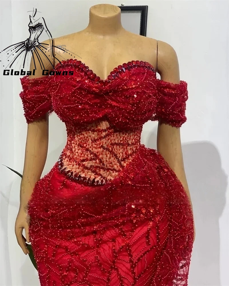 Aso Ebi Red Lace Beaded Off The Shoulder Mermaid Evening Dresses 2025 Sparkly Crystals Wedding Party Gowns Prom Dress Customized image 2