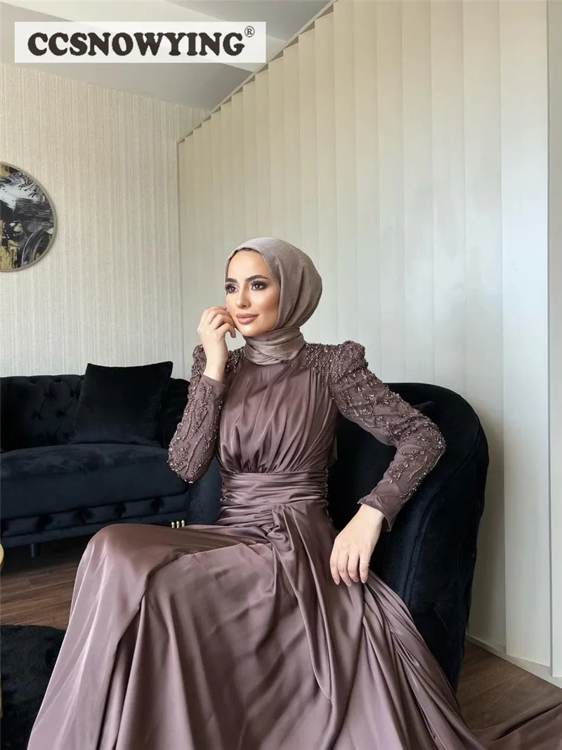 Dusty Rose Hijab Muslim Evening Dress Long Sleeve Islamic Formal Party Gown Beaded Satin Saudi Arabia Kaftan Robes De Soirée