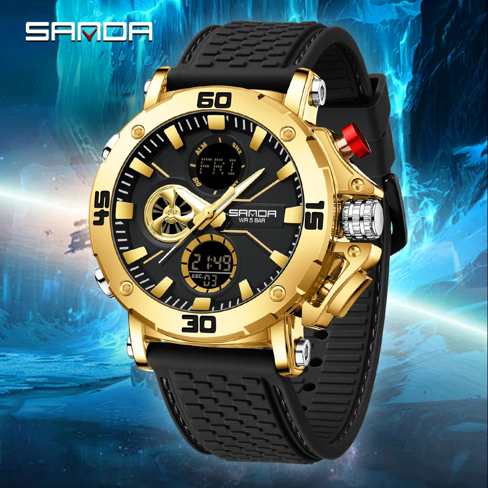 SANDA 3350 ساعة إلكترونية عصرية وعصرية للرجال رياضية متعددة الوظائف مقاومة للماء عرض مزدوج ساعة إلكترونية للرجال