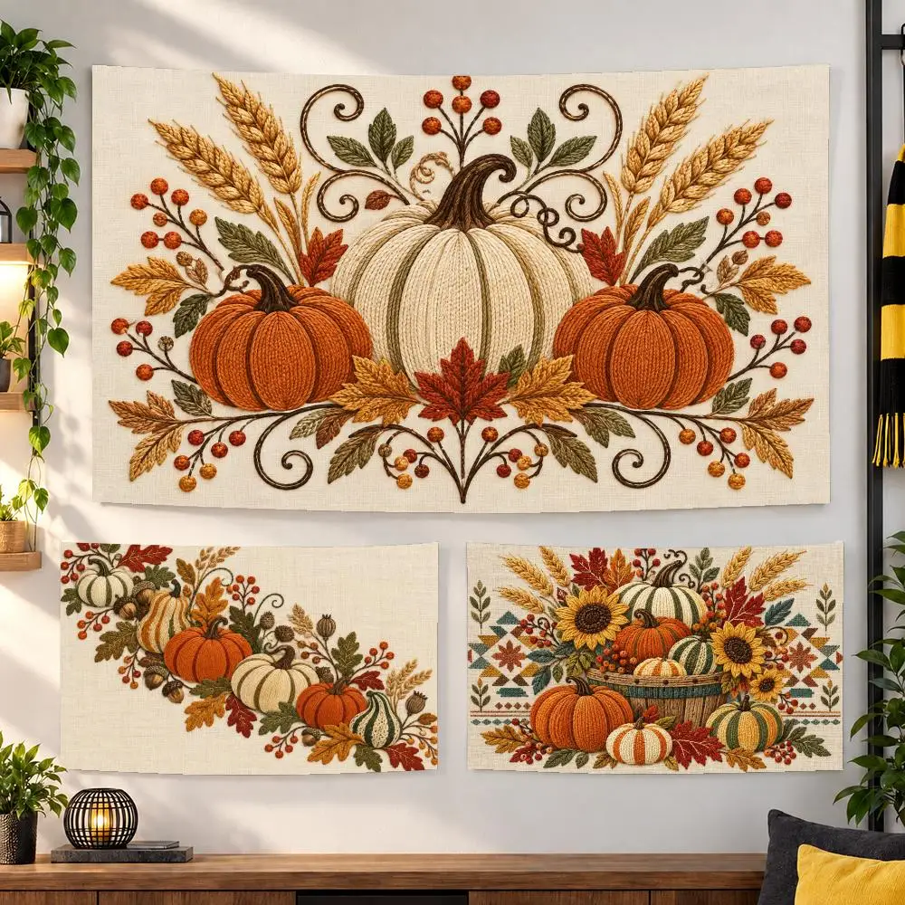 Autumn Pumpkin Tapestry Durable Soft Microfiber Horizontal Wall Hanging Decor For Bedroom Patio Garden Parties