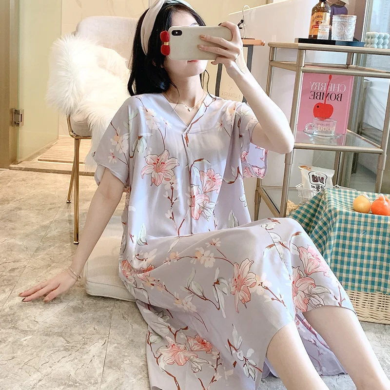 Flowers Printed Night Dress Women Sexy Sleepwear Lingerie Cute Nightdress Strap Thin Female Underwear Nighty Home Wear Clothes