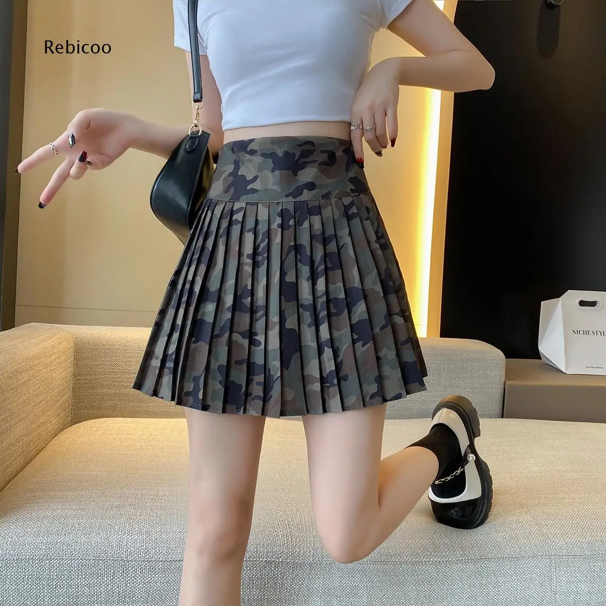 Camouflage Pleated Mini Skirt Women High Waist Built In Shorts Flared Cut for Multiple Daily Casual Streetwear Scenarios