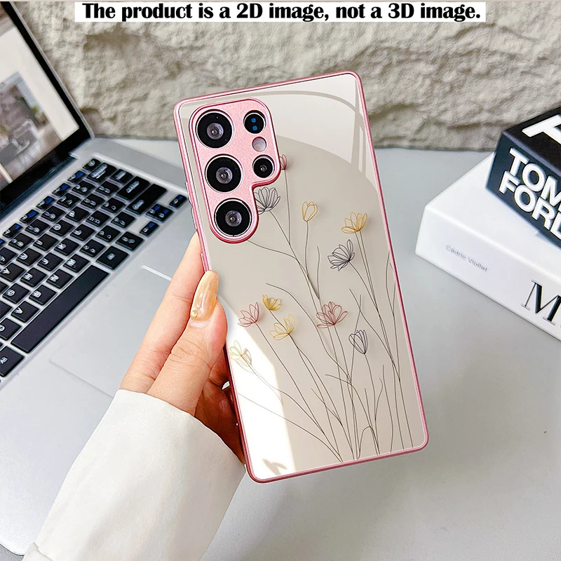 Black Line Color Flower Shadow Phone Case,2D Print Glass Cover For Samsung S/A Series,Shockproof Shell