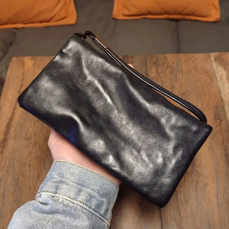 AETOO Handmade leather long purse vintage do old hand wrap top layer cattle pickup wrap plant tanned leather men\'s zipper phone