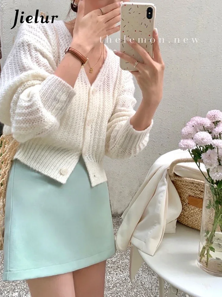 Jielur Autumn New Solid Color Loose Women\'s Cardigan Sweet Ladies Korean Cardigan Woman White Pink Yellow Green Knitted Cardigan