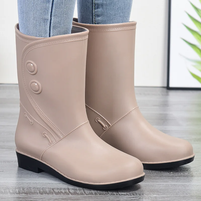 Outdoor Fashion Mid Tube Low Heel Women's Rain Boots Summer Waterproof Car Wash Non-Slip Kitchen Work Rain Boots Size 36-40