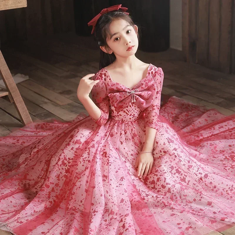 Nuevo vestido de niña, vestido de princesa rojo de invierno, desfile de flores para niños, disfraz de actuación de piano