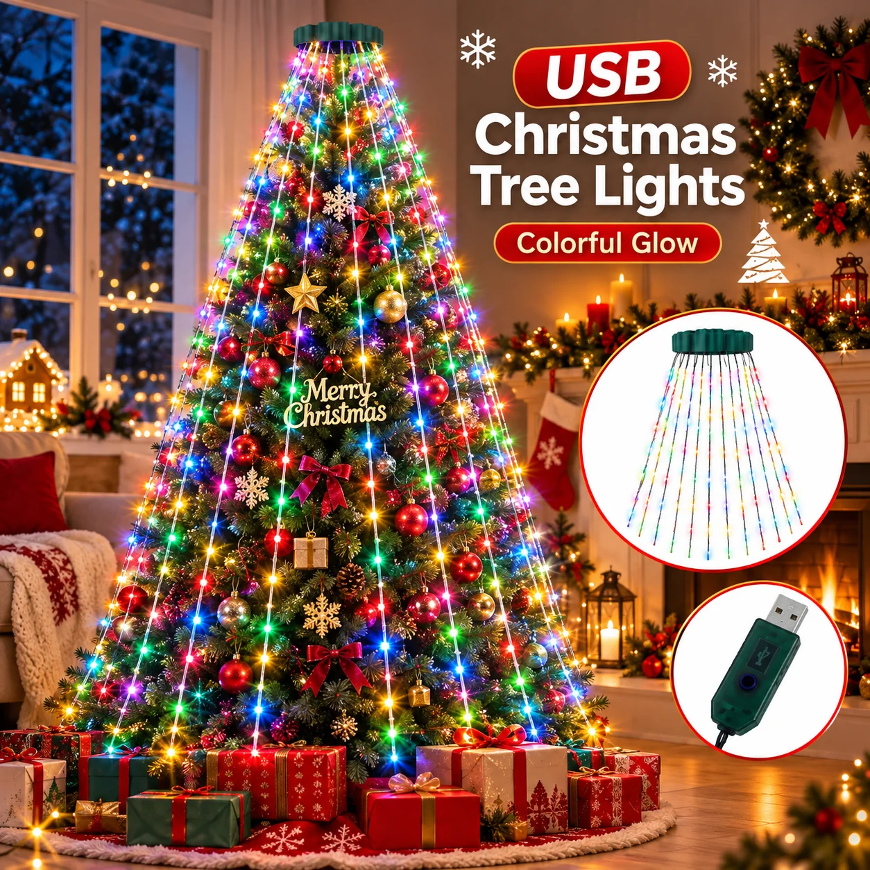 Christmas Window Lights USB Colorful Ring Tree 220/400LED 8 Modes Hanging Decor for Door Wall Living Room Party Holiday