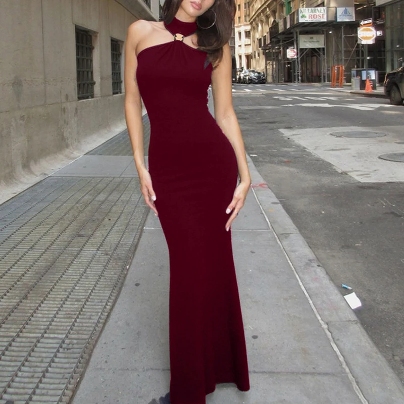 Vestido ajustado elegante para mujer, moda sin mangas, cuello alto y hombros descubiertos, vestidos largos para mujer, vestido Sexy de fiesta de vacaciones negro