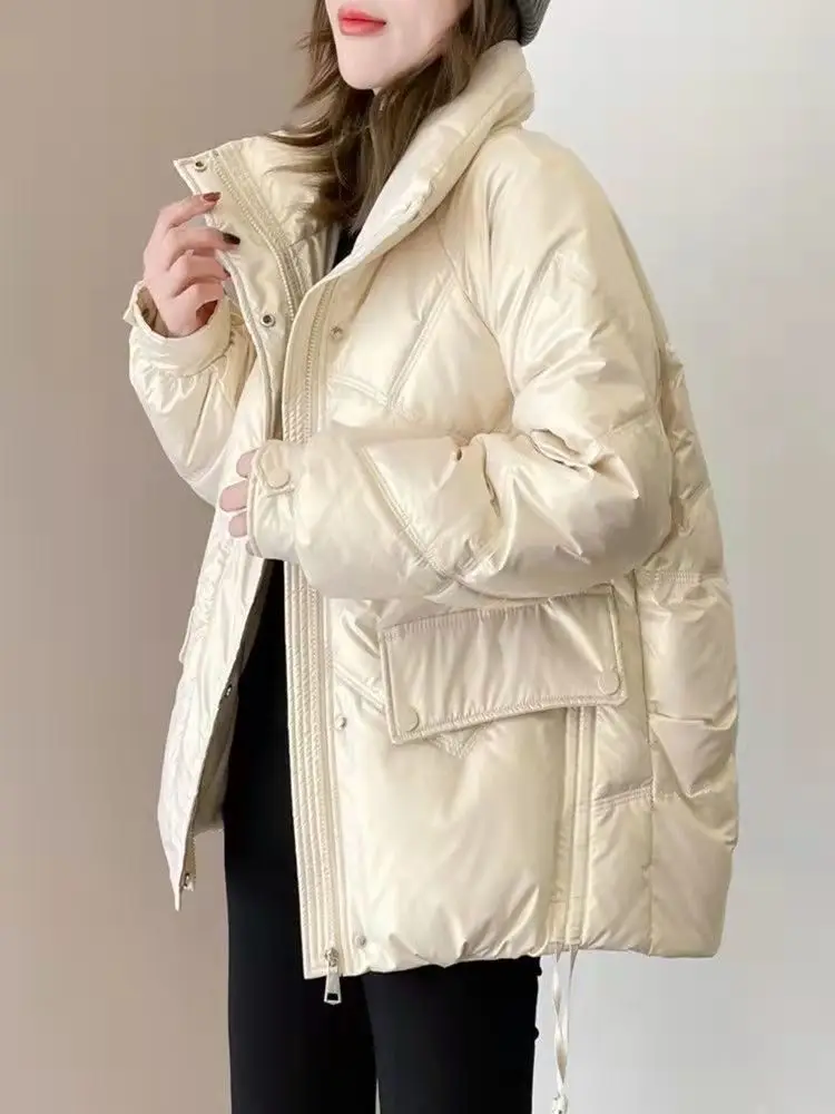 

Winter Women's Clothing Warm Parkas Shiny Chic Cotton-padded Jacket Windproof Coat Long Sleeve Zipper Snowsuit Pocket JJ1362