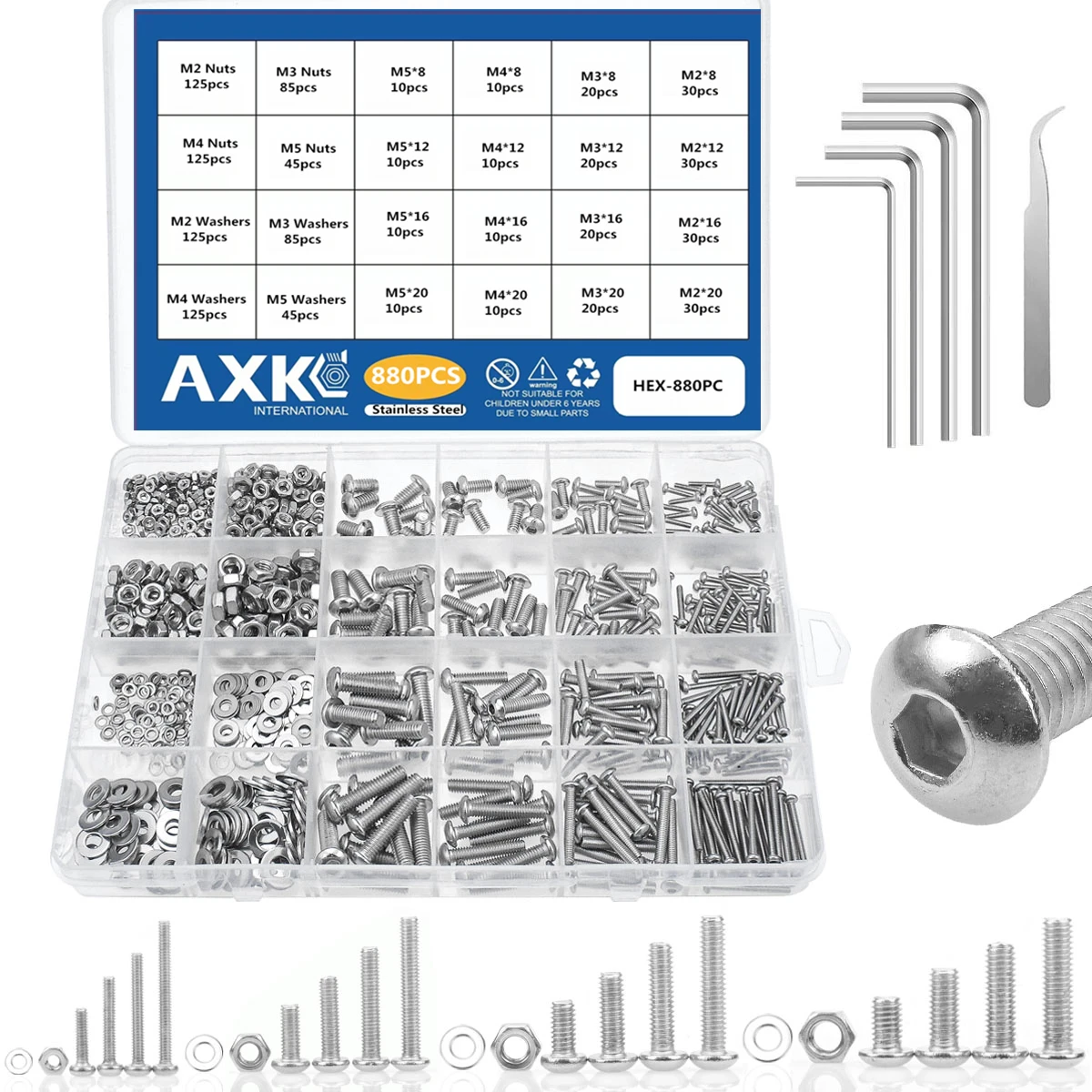 880Pcs Hexagon Hex Socket Head Cap Screw Set M2 M3 M4 M5 304 Stainless Steel Flat Button Cap Head ; Nuts  Washer Assortment Kit