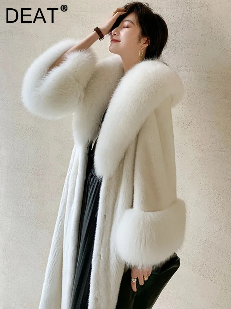 

DEAT Fashion Woman Mink Velvet Coat Fur Collar Flare Sleeve Lace-up Waist Solid Color Long Female Overcoat New Fashion 15C530