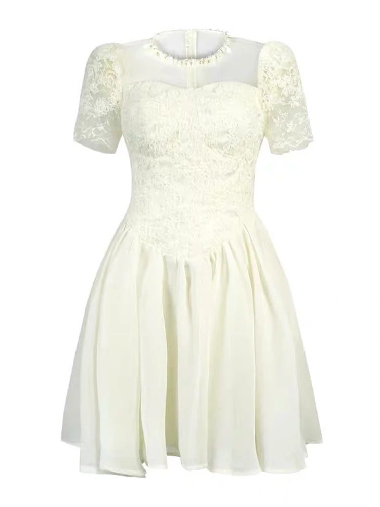 Femmes vêtements soirée dentelle maille florale pure Sexy col rond mince a-ligne robe courte élégante dame fête bal anniversaire robes nouveau