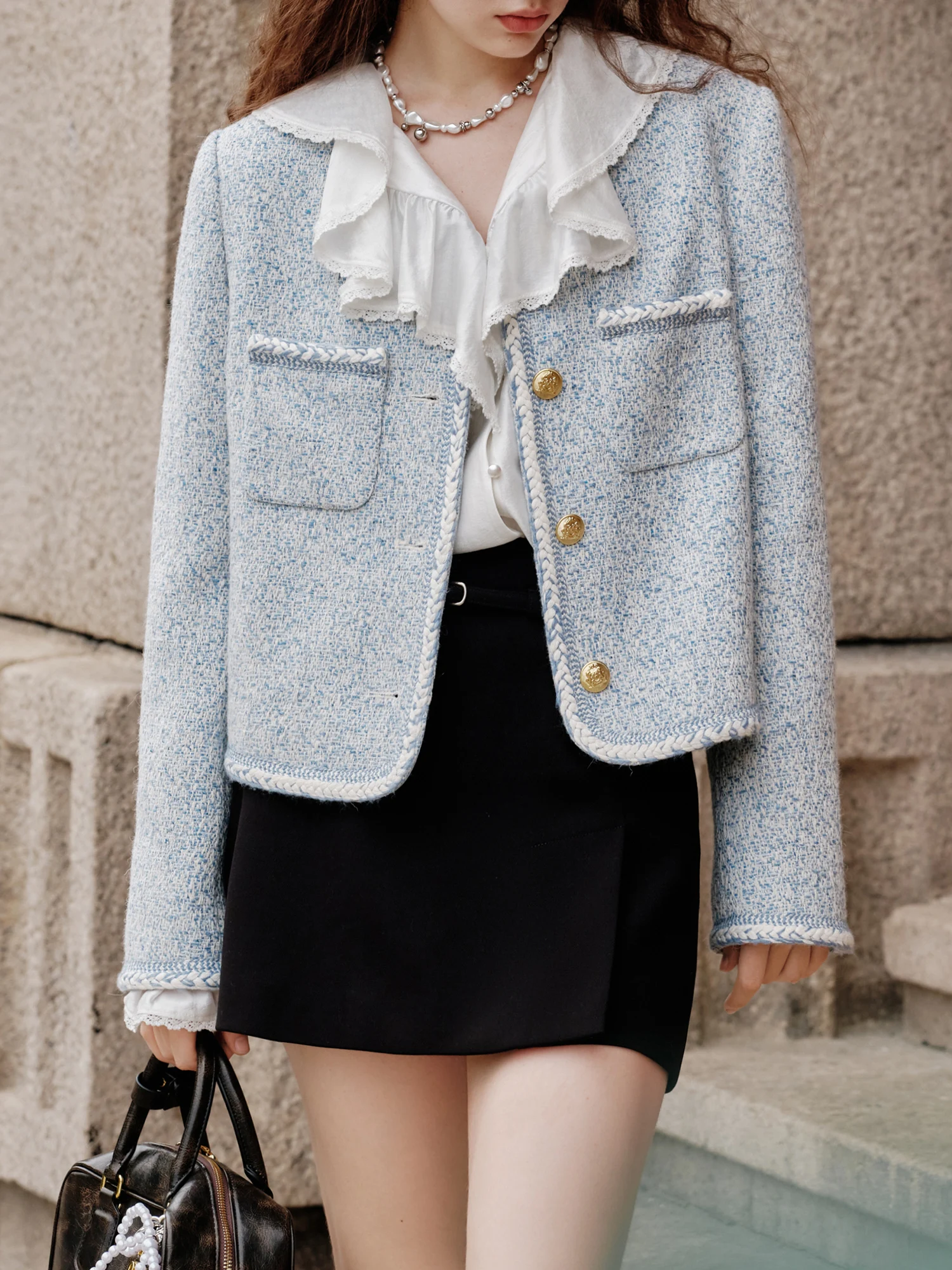 FSLE 17.4% Wool Women Tweed Jackets Round Neck Autumn Office Lady Short Blue Temperament Coat Female Tweed Coats 24FS13349