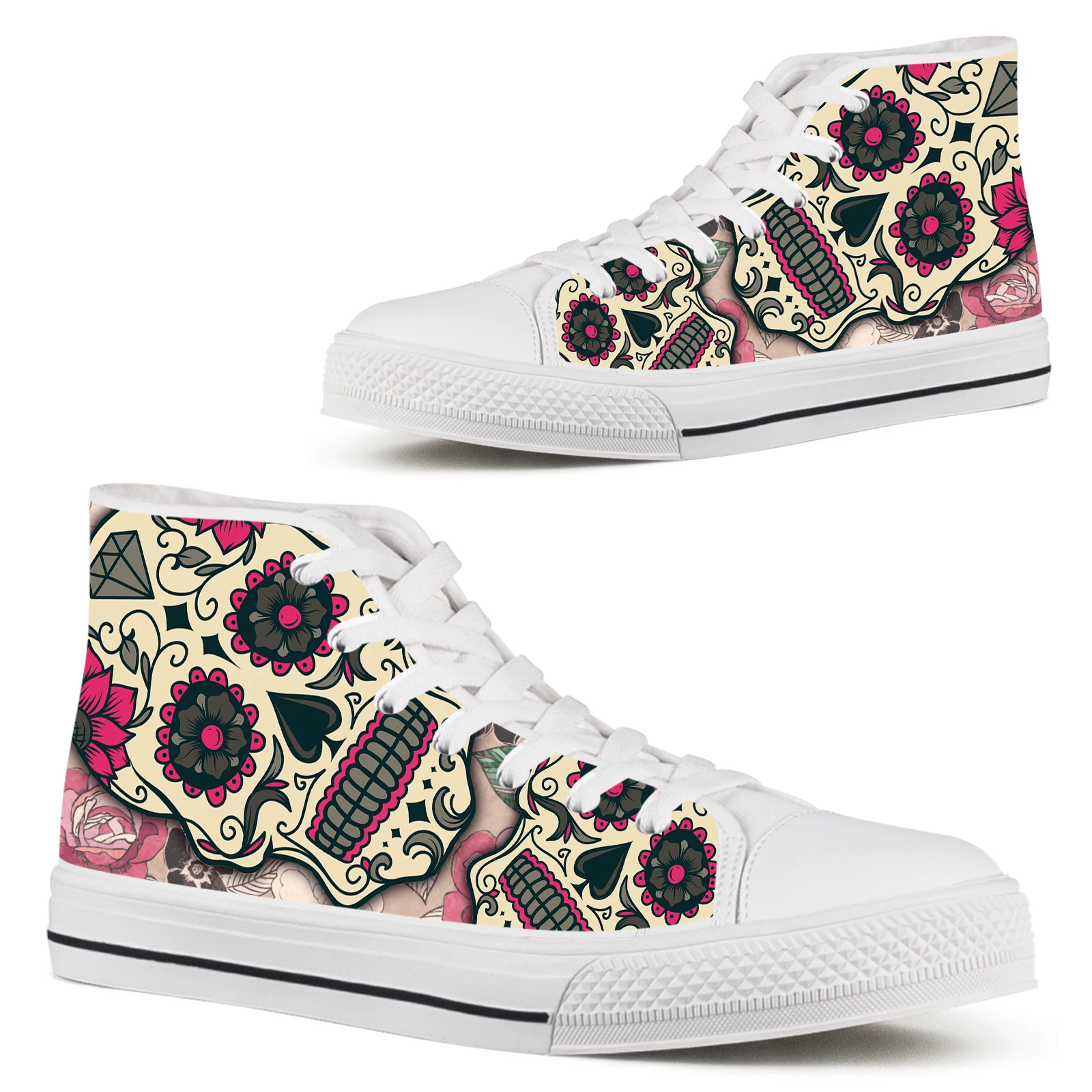 

ELVISWORDS High Top Women's Shoes Sugar Skull Design Comfortable White Sole Shoes Mexican Day Of The Dead Skull Canvas Sneakers