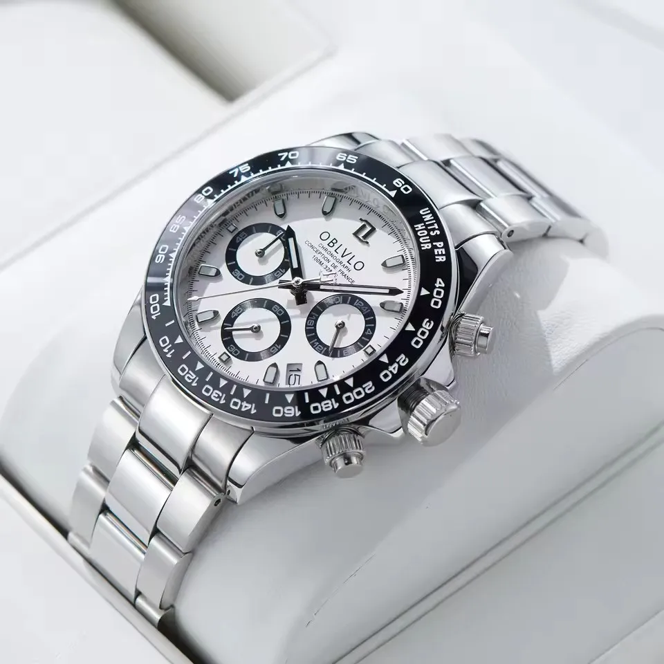 OBLVLO ساعة كرونوغراف للرجال 40 ملم كوارتز ساعة يد 5ATM مقاومة للماء ياقوت مضيء ثلاثي النوافذ إطار سيراميك #3