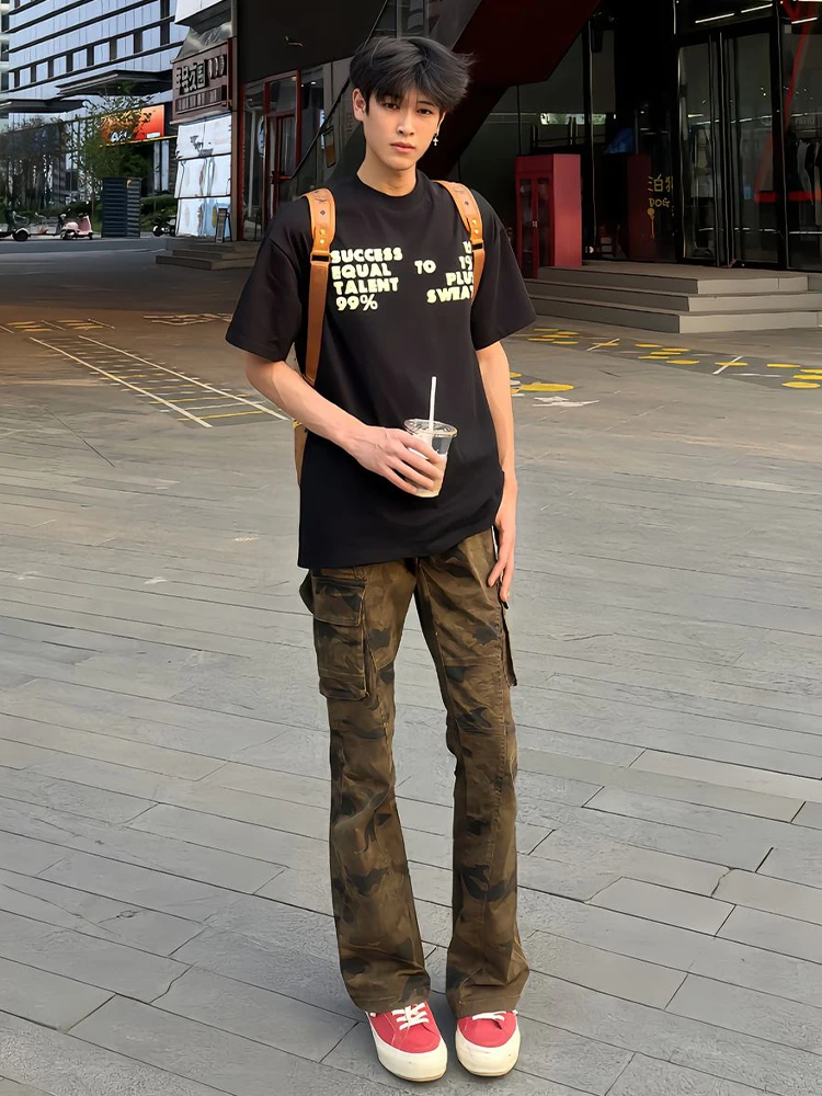 

American Retro Camouflage Work Pants Men's Summer Thin High Street Vibe Jeans Straight Leg Micro Flared Trousers