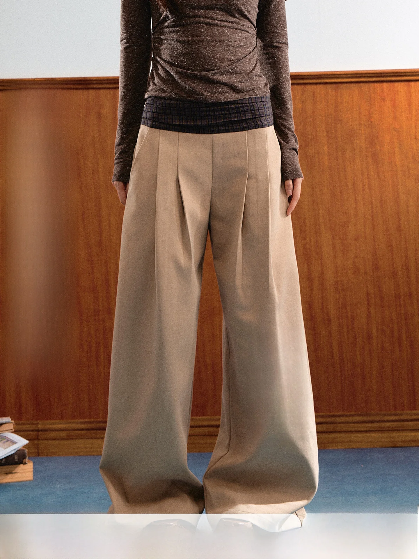 7Shiftin Original Design Wide Leg Plaid Patchwork Waist Casual Pants Drapey Color Block Loose Versatile Ladies Trousers