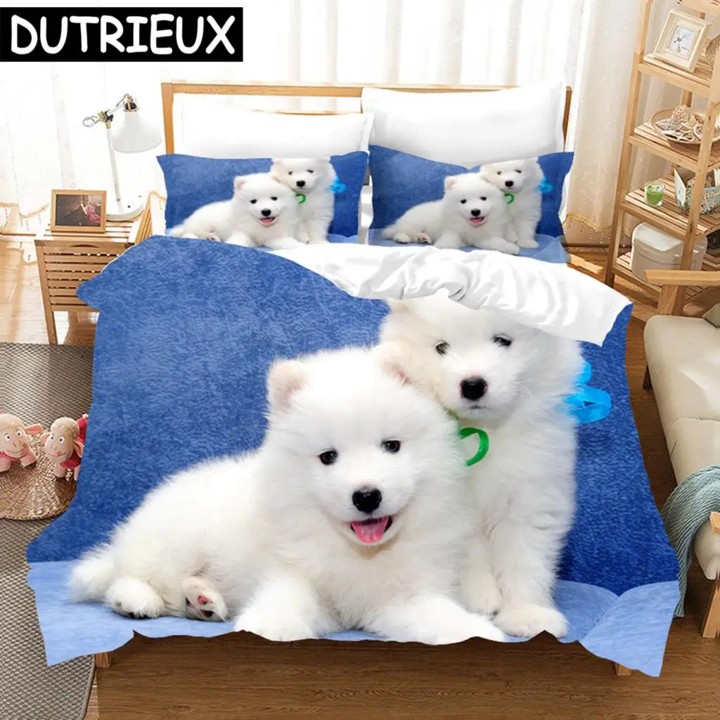 

3D комплекты постельного белья Samoyed, пододеяльник с наволочкой, двойное полное постельное белье Queen King, пододеяльник